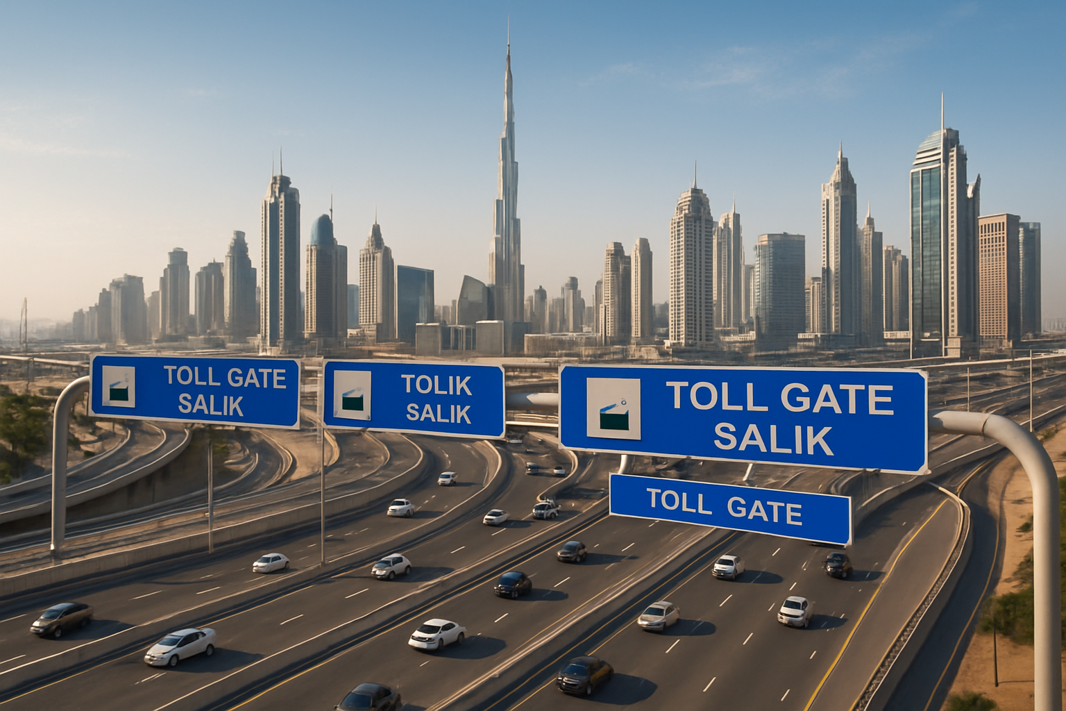 Dubai cityscape with expressways and toll signs
